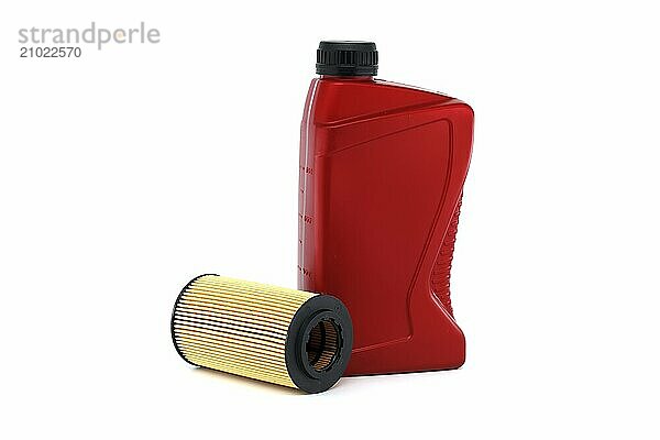 Red motor oil canister and filter isolated on white background  automobile maintenance  automotive sector  oil and filter replacement