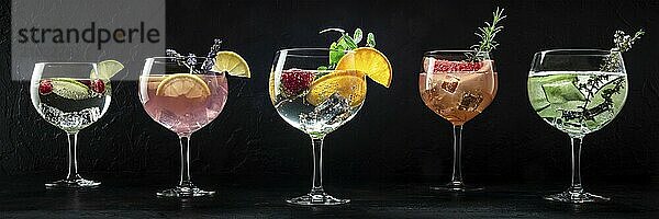 Fancy cocktails variety with fresh fruit. Many gin and tonic drinks with ice at a party  panorama on a black background  Food photography  Food photography