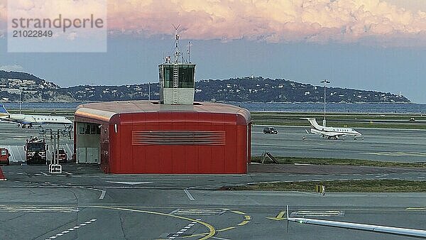 Airport tower and firefighters building at Nice Cote d Azur Airport