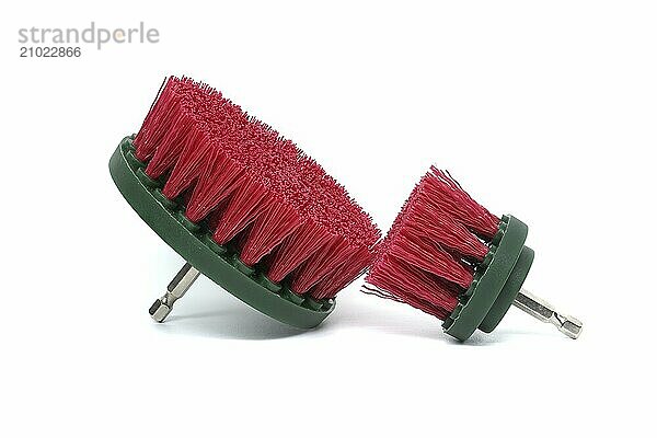 Brush attachments with an hexagonal shalf suitable for bit holder extensions isolated on white background. Sanding  cleaning and polishing accessories