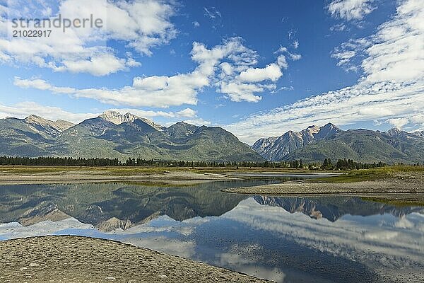 The calm kicking horse reservoir with the mission mountains in the Ninepipes area of western Montana