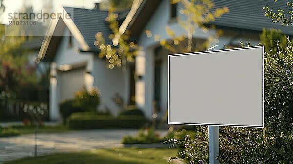 Blank real estate sign ready for your message in front of house. generative AI  AI generated