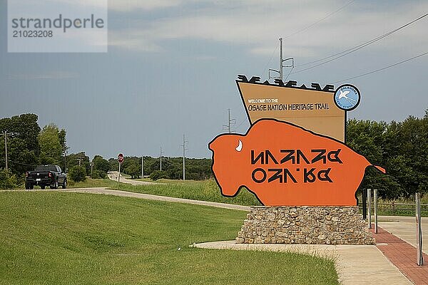 Osage Nation  Oklahoma  A sign in English and the Osage language welcomes visitors to the Osage Nation Heritage Trail