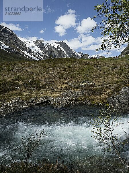 Historic mountain pasture Skjeringsdalen with the river Grasdøla in Norway