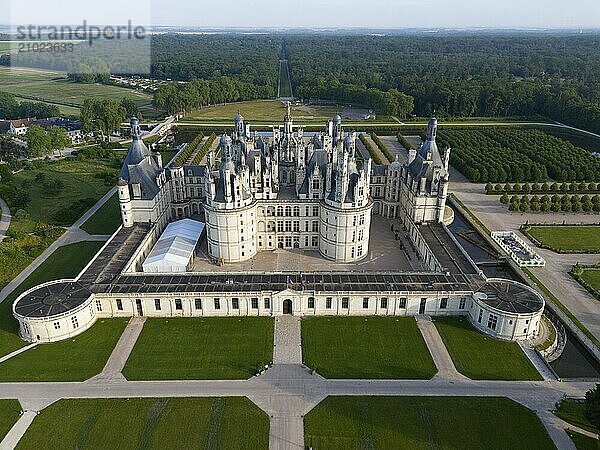 Castle seen from above with impressive Renaissance architecture and symmetrical green gardens  aerial view  Chambord Castle  Château de Chambord  Loire Castle  Loire Valley  Loir-et-Cher Department  Centre Region  France  Europe