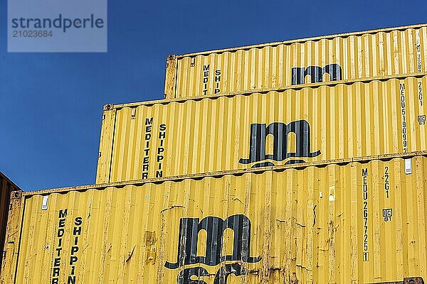 Gothenburg  Sweden  April 03 2022: Yellow MSC shipping containers stacked high  Europe