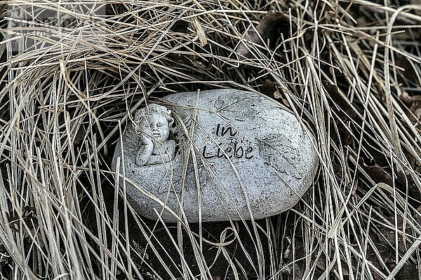 A heart with the inscription in love  natural burial grave site  Friedwald  Reinhardswald Forest  Weser Uplands  district of Kassel  Hesse  Germany  Europe