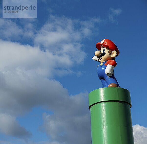 Kungsbacka  Sweden  september 11 2022: Mario statue on top of a green pipe  Europe