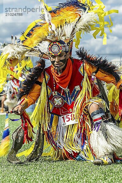 Coeur d'Alene  Idaho USA  07-23-2016. Young dancers participate in the Julyamsh Powwow on July 23  2016 at the Kootenai County Fairgrounds in Coeur d'Alene  Idaho