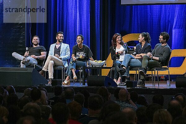 Bonn  Germany  June 8 2019: Wes Chatham  Cas Anvar  Dominique Tipper  Shohreh Aghdashloo  Frankie Adams and Steven Strait at FedCon 28  Europe