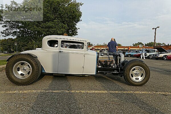 Automobile  car show  custom made vintage car with open engine display  Province of Quebec  Canada  North America