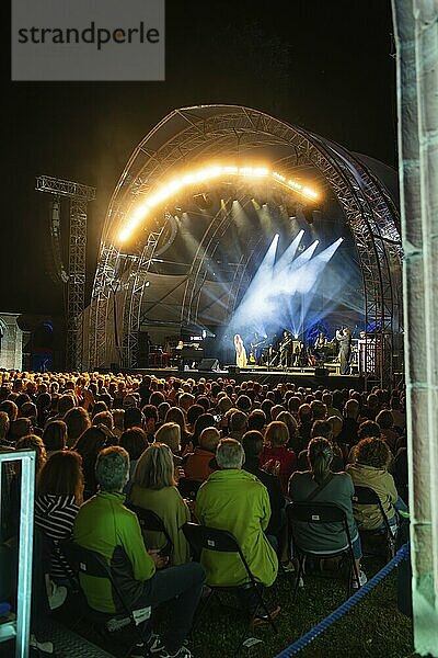 Evening open-air concert with a large crowd  illuminated stage and musicians in action  Klostersommer  Calw Hirsau  Black Forest  Germany  Europe