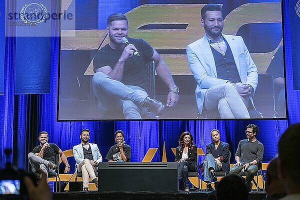 Bonn  Germany  June 8 2019: Wes Chatham  Cas Anvar  Dominique Tipper  Shohreh Aghdashloo  Frankie Adams and Steven Strait at FedCon 28  Europe