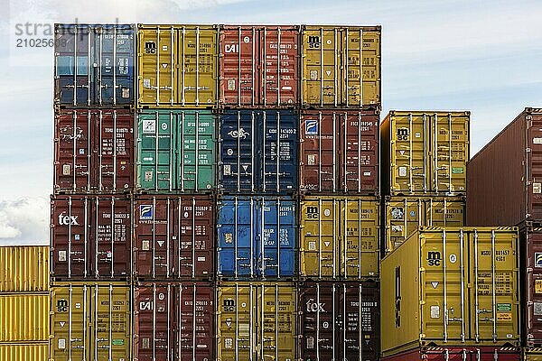 Gothenburg  Sweden  April 03 2022: Shipping containers stacked high  Europe