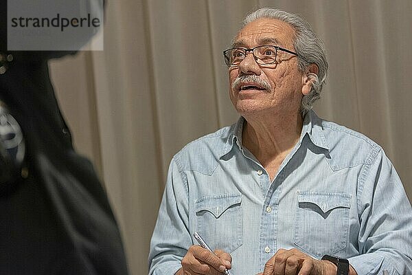 BONN  GERMANY  MAY 19th 2018: Edward James Olmos (*1947  american actor  Battlestar Galactica  Miami Vice) signing autographs for fans at Fedcon 27  a four day sci-fi fan convention