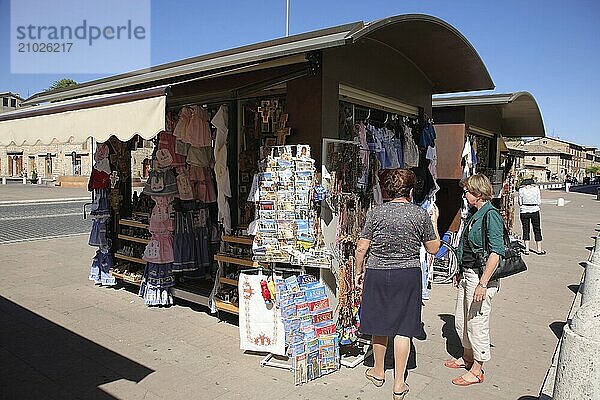 Souvenir stand at Santa Maria degli Angeli  Our Lady of the Angels  basilica below Assisi  built around the Portiuncula Chapel and the chapel where St Francis of Assisi died  Umbria  Italy  Europe