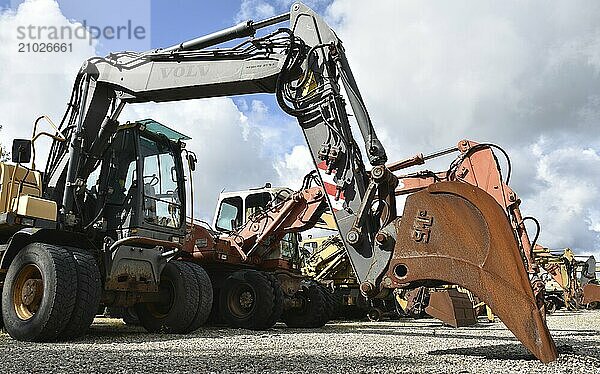 Wheeled excavator  excavator on a construction site  Denmark  Europe