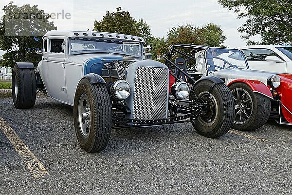 Automobile  car show  custom made vintage car with open engine display  Province of Quebec  Canada  North America