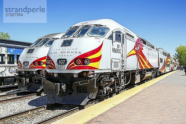 Trains of the New Mexico Rail Runner Express regional train railway in Santa Fe  USA  North America