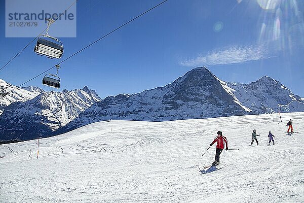 25 March 2024: Skiing against the backdrop of the north face of the Eiger in Grindelwald  Switzerland  Europe