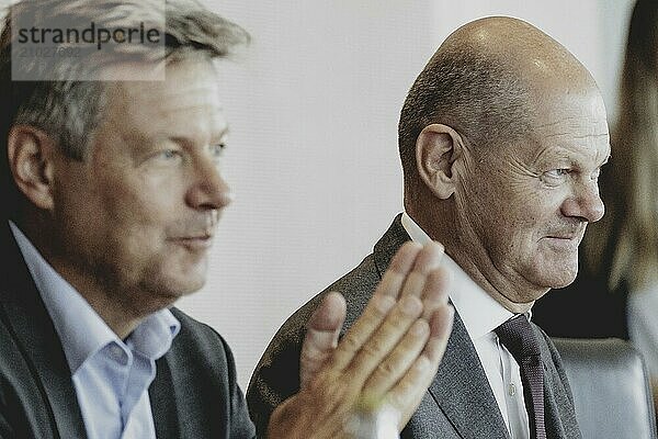 (R-L) Olaf Scholz (SPD)  Federal Chancellor  and Robert Habeck (Alliance 90/The Greens)  Federal Minister for Economic Affairs and Climate Protection and Vice-Chancellor  pictured during the weekly cabinet meeting in Berlin  21/08/2024