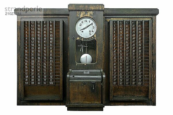 Antique time clock  1920 punch clock  vintage clock card machine against white background  recording start and end times for hourly employees