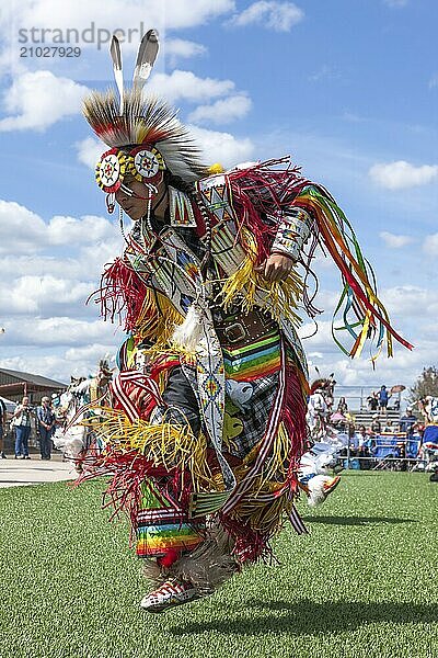 Coeur d'Alene  Idaho USA  07-23-2016. Young dancers participate in the Julyamsh Powwow on July 23  2016 at the Kootenai County Fairgrounds in Coeur d'Alene  Idaho