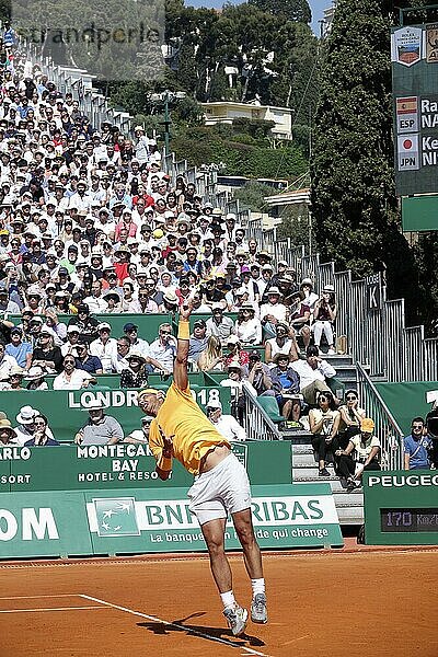 Spanish tennis player Rafael Nadal on Court Rainier III at the Monte-Carlo Country Club during the final of the Rolex Monte-Carlo Masters 1000 ATP World Tour tennis tournament  Principality of Monaco