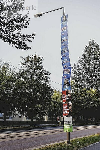 Election posters hanging from a lamppost  taken in Dresden  31 August 2024. A new state parliament will be elected in Saxony on 1 September