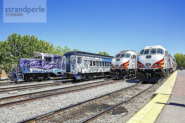 Trains of the New Mexico Rail Runner Express regional train railway in Santa Fe  USA  North America