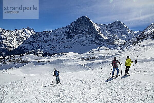 25 March 2024: Skiing against the backdrop of the north face of the Eiger in Grindelwald  Switzerland  Europe