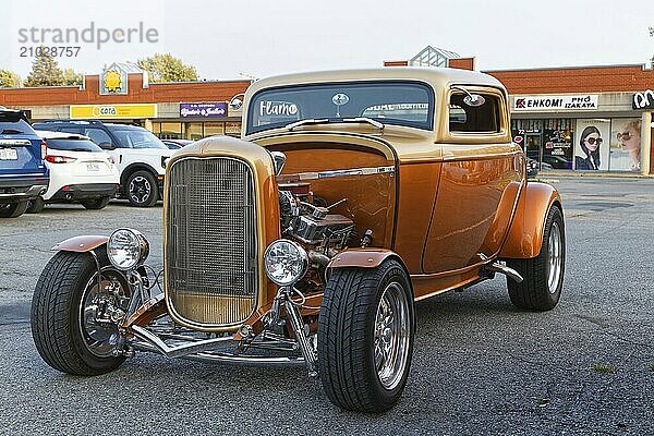 Automobile  car show  custom made vintage car with open engine display  Province of Quebec  Canada  North America