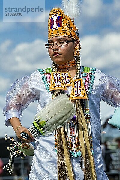 Coeur d'Alene  Idaho USA  07-23-2016. Young dancers participate in the Julyamsh Powwow on July 23  2016 at the Kootenai County Fairgrounds in Coeur d'Alene  Idaho