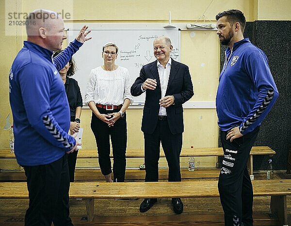 Federal Chancellor Olaf Scholz  (SPD)  photographed during a visit to RC Germania in Potsdam on the occasion of his summer tour. 29.08.2024