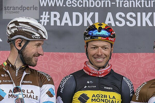 ESCHBORN  GERMANY  MAY 1st 2018: Gedeminas Bagdonas and Oliver Naesen at Eschborn-Frankfurt cycling race