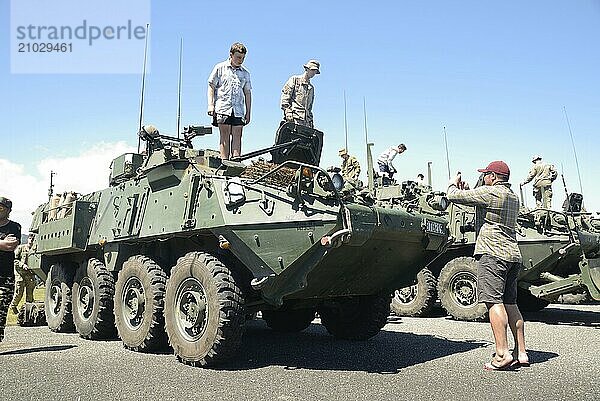 GREYMOUTH  NEW ZEALAND  NOVEMBER 18  2017: Civilians inspect Light Armoured Vehicles (LAVs) at an open day for the military