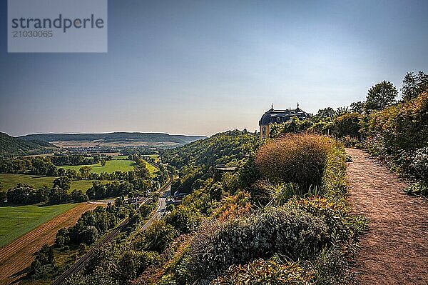 A sweeping view of the Saale valley and surrounding hills under a clear blue sky from the Dornburg castles  Dornburg-Camburg  Thuringia  Germany  Europe