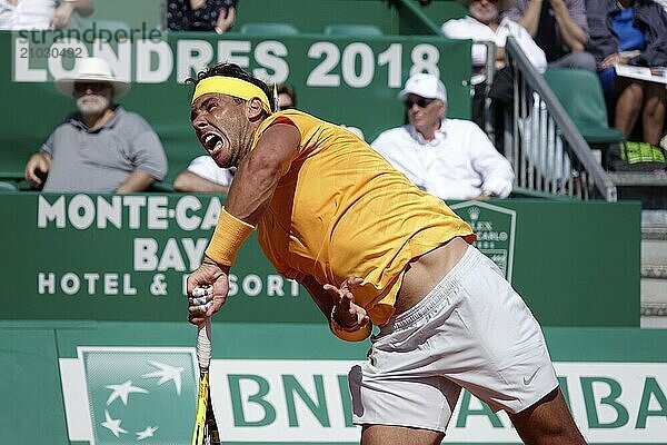 Spanish tennis player Rafael Nadal on Court Rainier III at the Monte-Carlo Country Club during the final of the Rolex Monte-Carlo Masters 1000 ATP World Tour tennis tournament  Principality of Monaco