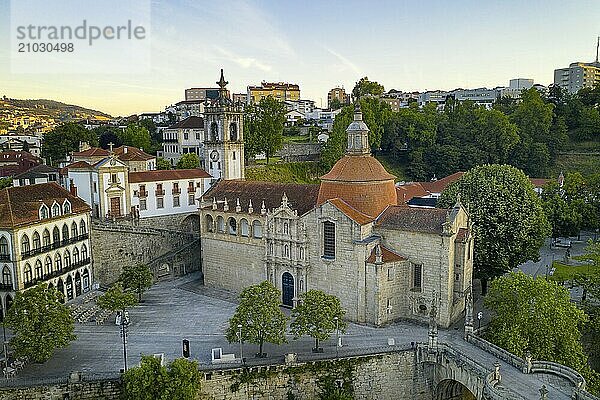 Amarante drone aerial view with beautiful church and bridge in Portugal at sunrise