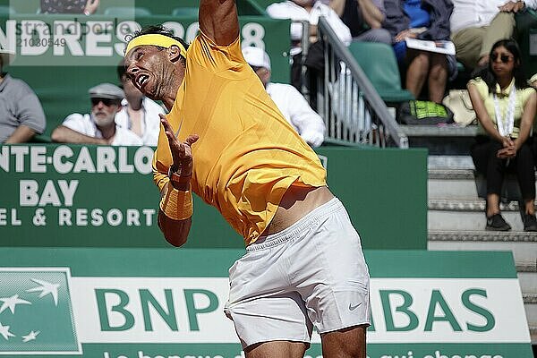 Spanish tennis player Rafael Nadal on Court Rainier III at the Monte-Carlo Country Club during the final of the Rolex Monte-Carlo Masters 1000 ATP World Tour tennis tournament  Principality of Monaco