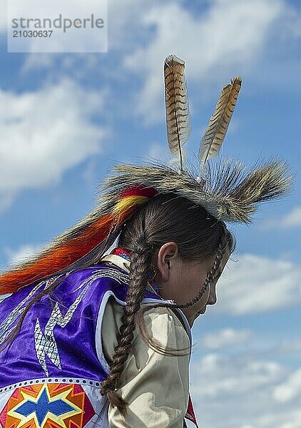 Coeur d'Alene  Idaho USA  07-23-2016. Young dancers participate in the Julyamsh Powwow on July 23  2016 at the Kootenai County Fairgrounds in Coeur d'Alene  Idaho