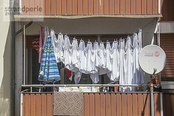 Clothesline with hanging laundry on a balcony  Diepholz  Lower Saxony  Germany  Europe