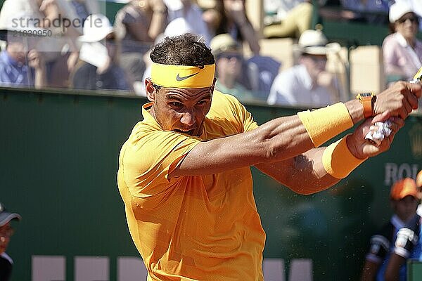 Spanish tennis player Rafael Nadal on Court Rainier III at the Monte-Carlo Country Club during the final of the Rolex Monte-Carlo Masters 1000 ATP World Tour tennis tournament  Principality of Monaco