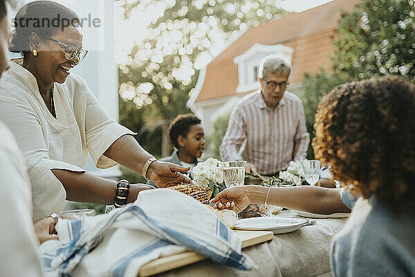 Happy male and female family members having lunch during family gathering at garden party