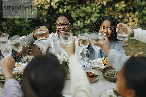 Happy male and female family members toasting drinks at garden party