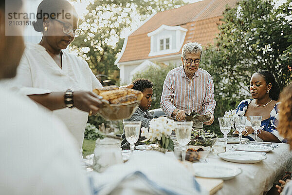 Male and female family members having lunch during family gathering at garden party