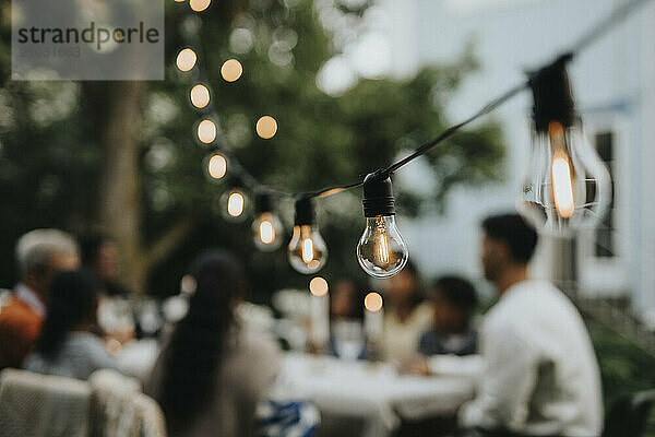 Illuminated string lights hanging in garden during party