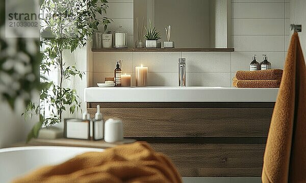 Scandinavian bathroom with autumn-colored towels and candles on the shelf AI generated