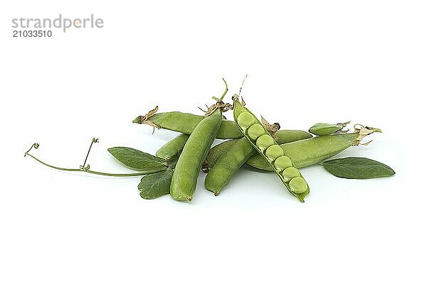 Open pea pod and round green peas inside  green leaf with a pointed tip and pea pods in close up isolated on white background