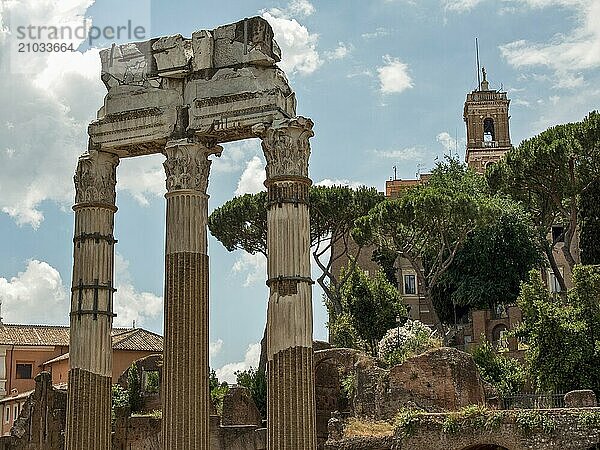 Ancient columns against a green background with trees under a cloudy sky  Rome  Italy  Europe